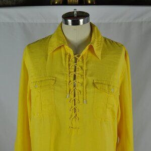 Lauren Ralph Lauren women blouse 100% linen Tunic Lace up front Yellow L